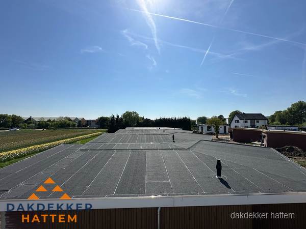 Groot plat dak met bitumen dakbedekking op bedrijfspand in Hattem Groot plat dak met bitumen dakbedekking op bedrijfspand in Hattem