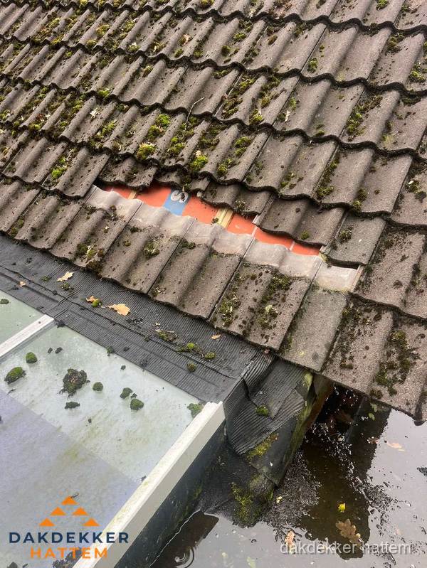 Beschadigd pannendak met ontbrekende dakpannen voor reparatie in Hattem Beschadigd pannendak met ontbrekende dakpannen voor reparatie in Hattem