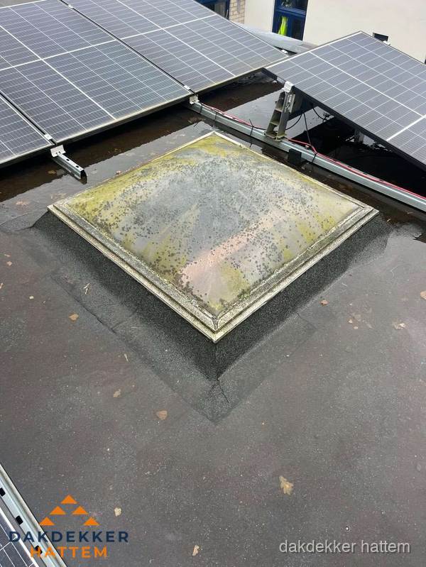 Vervuilde lichtkoepel op plat dak met zonnepanelen in Hattem Vervuilde lichtkoepel op plat dak met zonnepanelen in Hattem