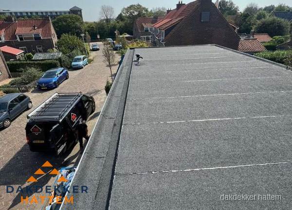 Nieuw bitumen plat dak met uitzicht over woonwijk in Hattem
